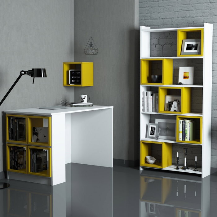 Hanah Home Escritorio de estudio y estantería Blanco y Amarillo
